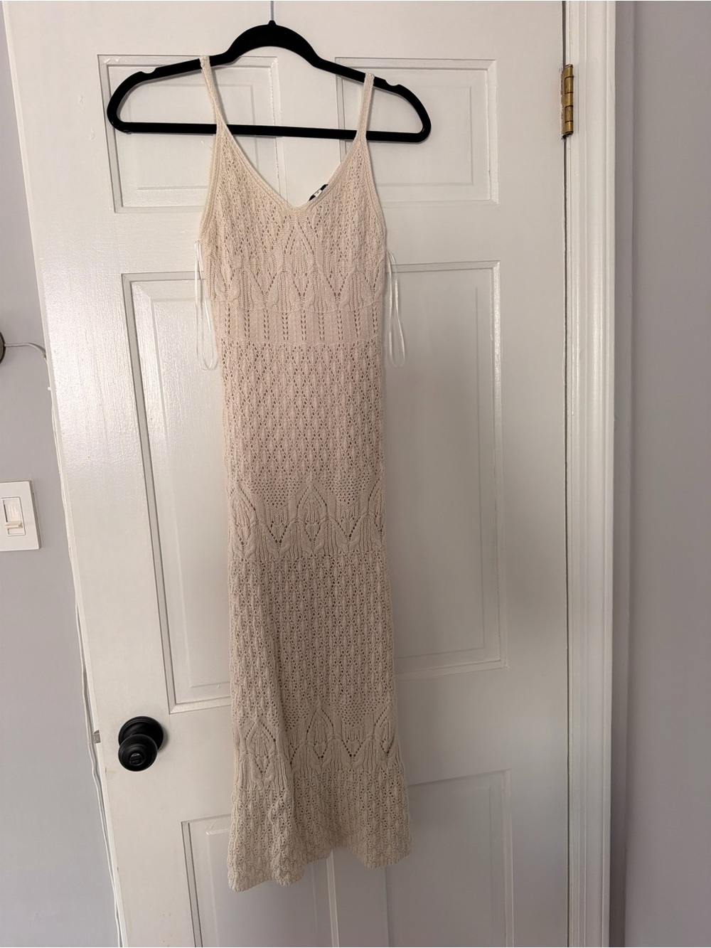 Freshman Cream Crochet Midi Dress with Spaghetti Straps
